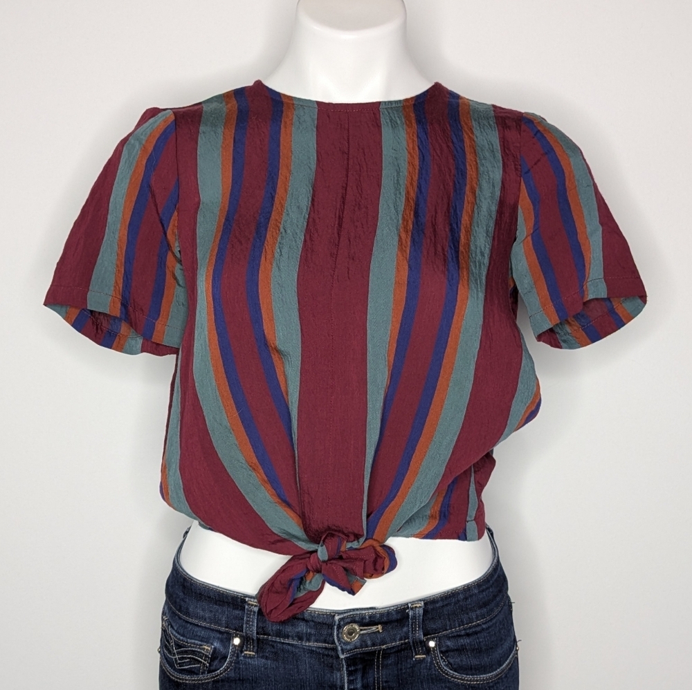 Madewell Red Blue Orange Striped Tie Front Button Back Crop Top XXS
